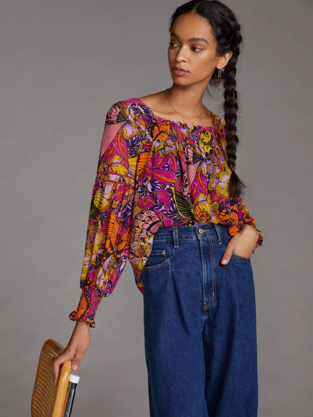 Anthropologie Alexandra Farmer Butterfly Print Blouse XXS Boho Romantic Spring